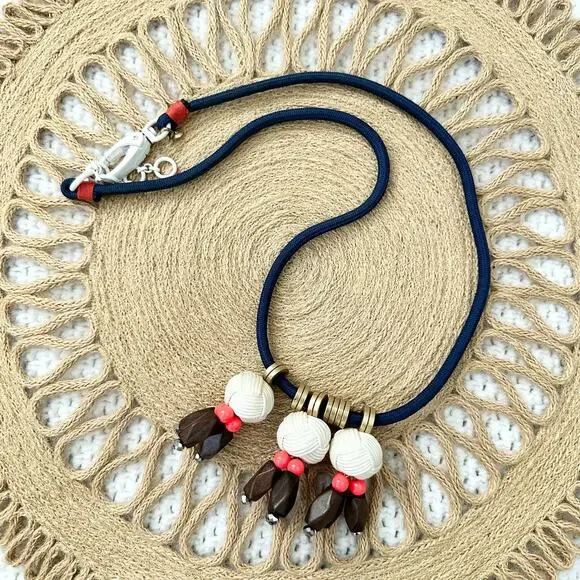 JCrew Nautical Long Cording Rope Ball Wooden Bead Statement Beach Boho Necklace - Picture 5 of 6